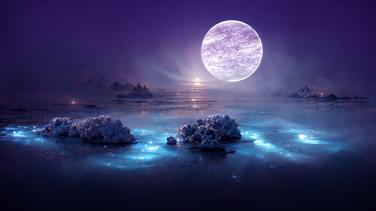 Fantasy,Full,Moon,Background,With,Ocean ,Wave,Of,Blue,Sea